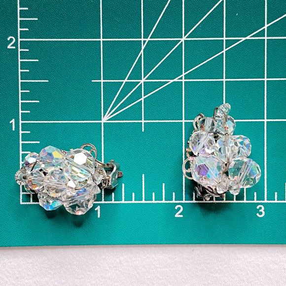 Clip On Stud Earrings Clear AB Faceted Ball Beads In Wired Clusters - Picture 10 of 10